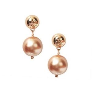 NWT Tory Burch ROSE GOLD Logo Faux Pearl Drop 16k Ivory Earrings